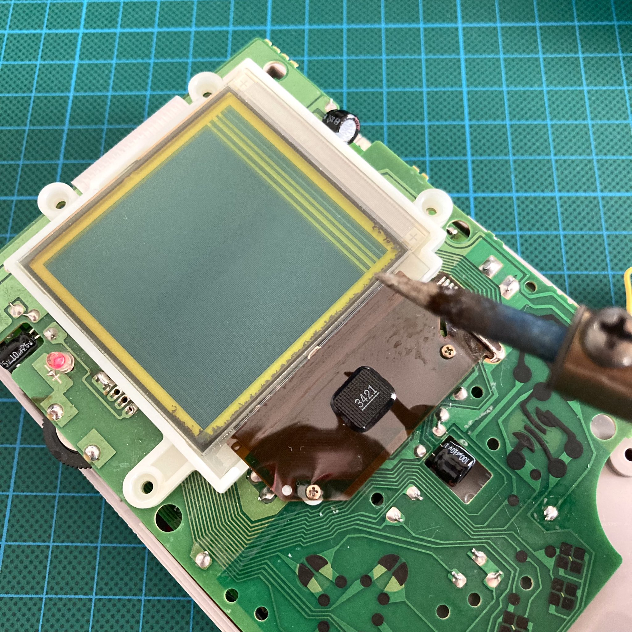 Soldering iron used to fix the Gameboy screen