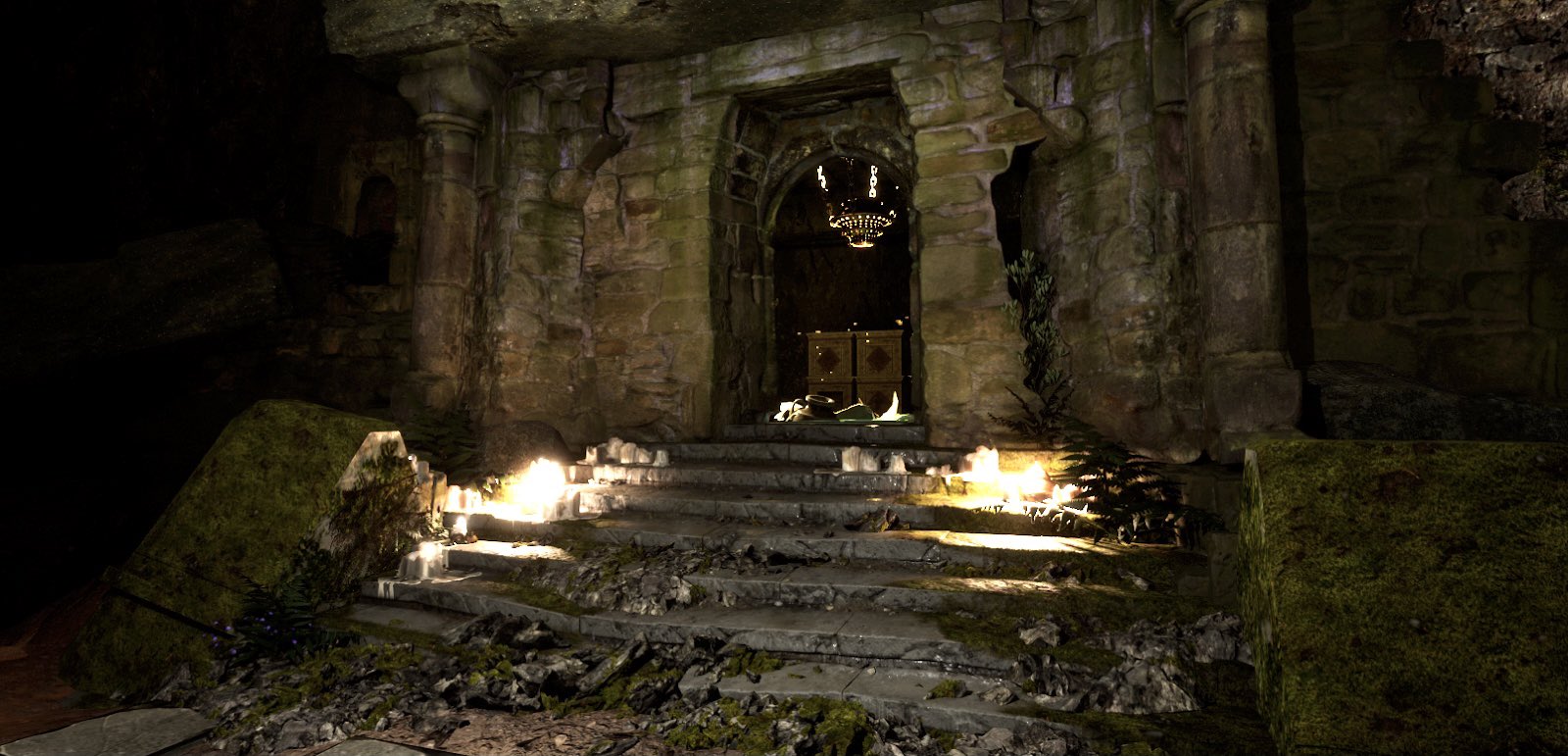 Un temple avec des bougies sur les escaliers